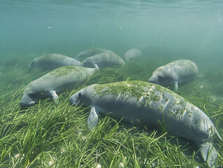 Fototapeta premium Manatees peacefully munch on seagrass in a shallow water habitat, surrounded by serene surroundings.