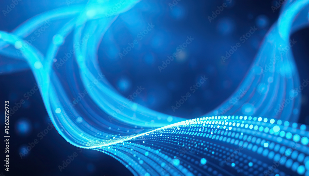 Poster abstract blue flowing wave lines with tiny glowing particles futuristic digital effect technology background