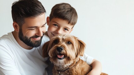A father and son smile at the camera while holding a dog.