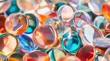 Glass disc shapes with colorful reflections composition.