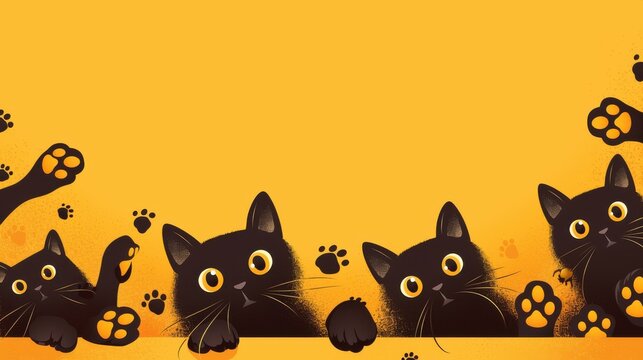 Playful black cats with big eyes peeking against a vibrant yellow backdrop, perfect for cat lovers.