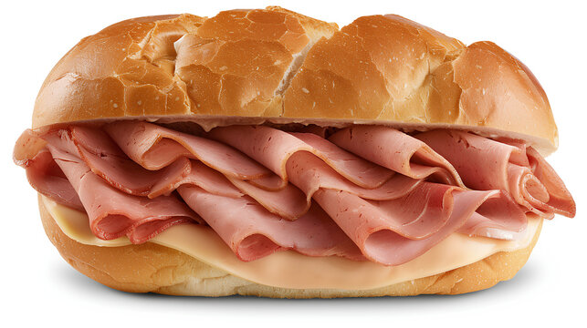 Sandwich with ham and cheese. The bread is brown and the ham is sliced. The sandwich is on a white background