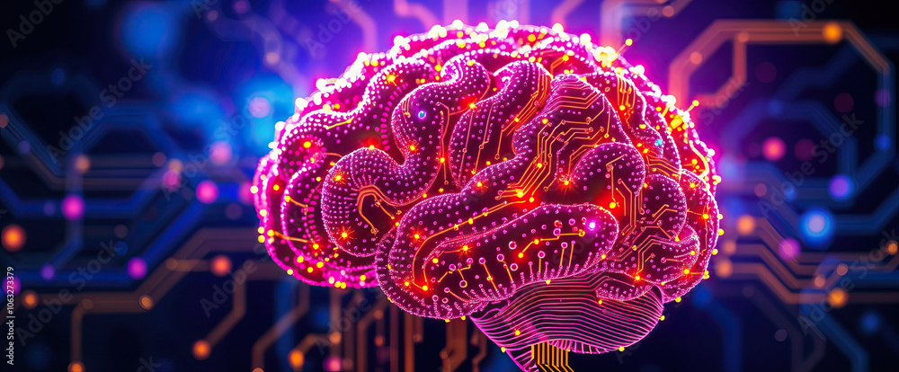 Poster ai artificial intelligence digital glowing brain in shades of pink blue artificial intelligence inno