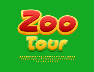 Vector bright flyer Zoo Tour. Funny Creative Font. Decorative Alphabet Letters and Numbers set.