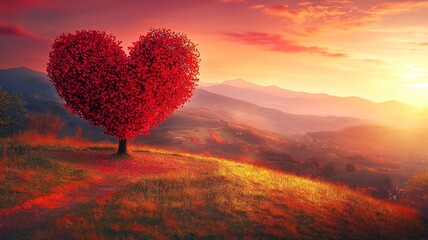 Heart-shaped tree on a hilltop at sunset.