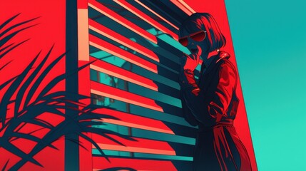 A stylish woman with short hair dressed in black stands near striped architecture, exuding an air of mystery with sunglasses.