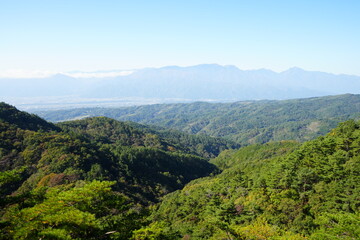 Naklejka premium Landscape from Hachioji Mountain Peak of Shosenkyo Gorge in Yamanashi, Kofu, Japan - 日本 山梨 昇仙峡 八王子山からの眺め