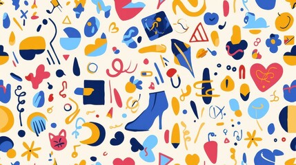 Colorful abstract pattern featuring playful shapes and icons in vibrant hues of blue, yellow, and red.