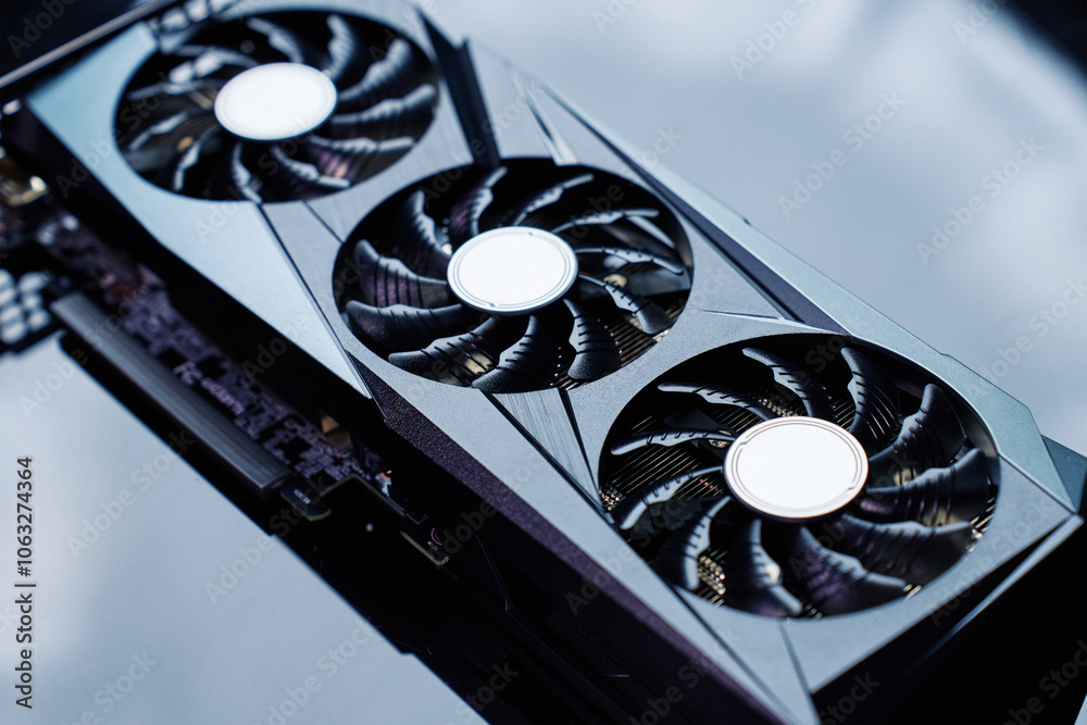 Fototapete Close-up of high-performance graphics card with three cooling fans on dark background. Modern video card for gaming and advanced computing