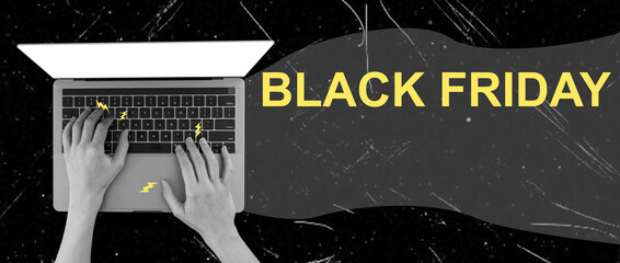 Modern art collage with the image of a laptop on a black background and the inscription black Friday.