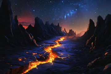 A night scene of a crack in the earth's crust glowing with molten lava, surrounded by dark, jagged rocks and a starry sky above.