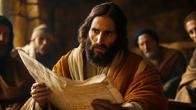 portrayal of Jesus reading from the scroll of Isaiah in the synagogue, declaring his mission to bring good news to the poor,