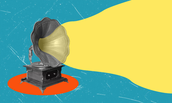 Modern art collage with gramophone image on blue background with copy space.