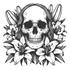 Obraz premium skull surrounded by lilies flowers, blending themes of death and beauty in vintage style sketch engraving generative ai raster illustration. Scratch board imitation. Black and white image.