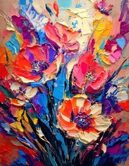 Lovely vibrant flowers oil illustration with big strokes, impasto style. Abstract background