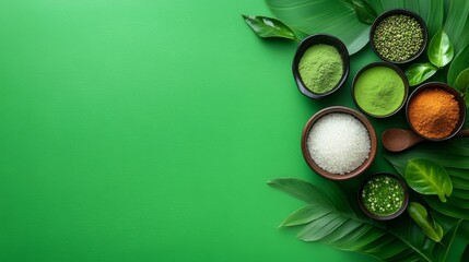 Green Spices and Herbs with Leaves on Green Background