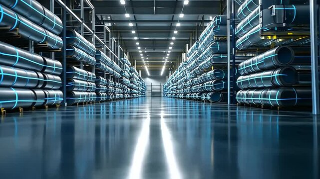 A well-lit PE pipe factory floor, where stacks of polyethylene pipes with blue lines are neatly arranged, showcasing the meticulous organization and scale of water and gas pipe pro
