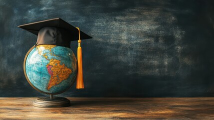 Globe with graduation hat and school accessory on wooden table in front of empty chalkboard with copy space.