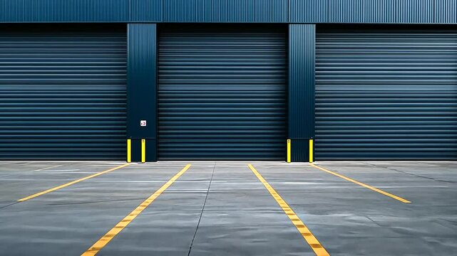 A wide-angle view of a modern industrial warehouse, featuring several roller shutter doors, all closed, creating a uniform look against the sleek, minimalistic facade.