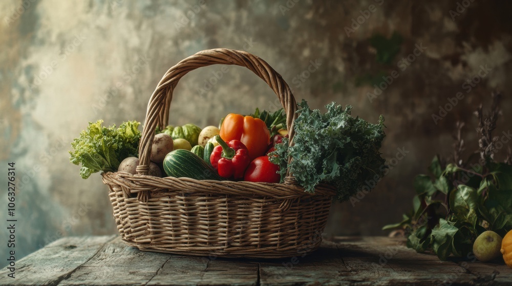 Poster Freshly harvested vegetables and fruits fill a wicker basket on a rustic wooden table, showcasing a vibrant array of colors and textures. Generative AI