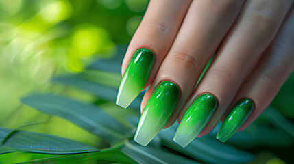 Obraz premium Woman's manicured nails are painted green and blue. The manicure is done with a gradient effect, with the green and blue colors blending together. The nails are long and well-maintained