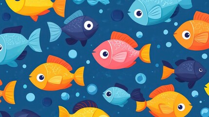 Obraz premium A colorful underwater scene featuring various cartoon fish and bubbles.