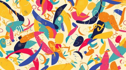 Obraz premium A vibrant abstract pattern featuring colorful shapes and forms in bold hues of yellow, blue, red, and pink.