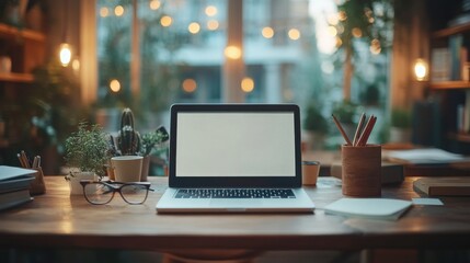 Fototapeta premium Notepad with laptops and eyeglasses on desk at office