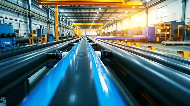 A close-up of HDPE polyethylene pipes with a distinctive blue line running along the length, symbolizing precision manufacturing for gas and water applications in a modern PE pipe