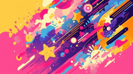 Vibrant abstract artwork with colorful splashes, stars, and geometric shapes on a playful pink background.