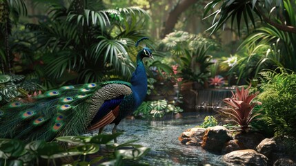 Fototapeta premium A colorful peacock stands in the middle of a calm stream, surrounded by lush greenery