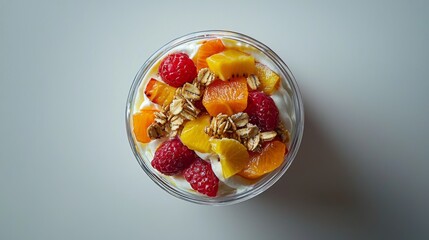 Deliciously layered parfait featuring yogurt, granola, and a variety of fresh fruits, Top view
