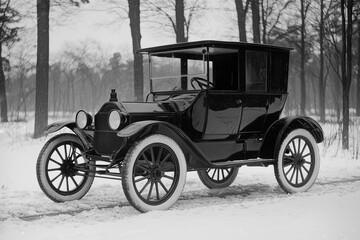 Vintage black car on a snowy road in the forest.