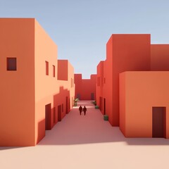 A serene alleyway lined with orange-hued buildings and greenery.