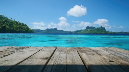 Obraz premium Serene Tropical Ocean View from a Wooden Deck