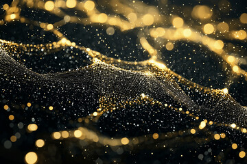Glittering gold particles forming complex geometric waves.