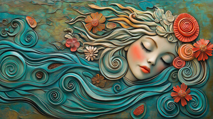 Charming feminine figure enveloped in cascading waves, crafted in a playful style reminiscent of folk art, with bold colors of turquoise and coral