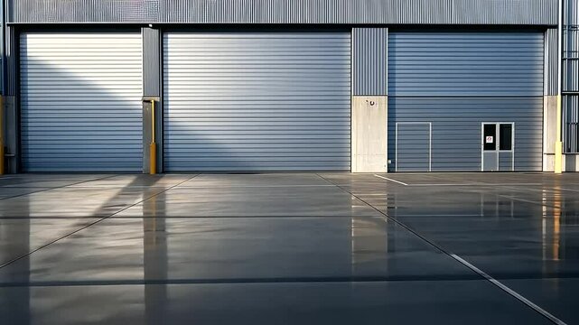 A modern industrial warehouse with a prominent roller shutter door, its sleek metal surface reflecting the soft early morning light, while the empty lot in front awaits incoming sh