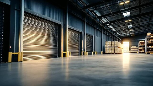 A modern industrial warehouse with two large roller shutter doors, one fully open showing the well-lit interior filled with shelves and goods, while the other remains tightly shut.