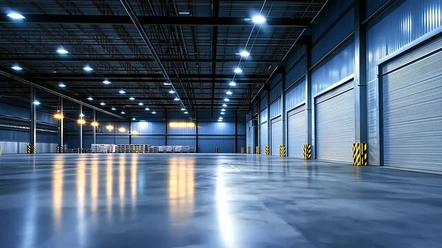 A modern warehouse facade with a massive roller shutter door rolled up, exposing a clean, high-ceilinged storage area ready for loading operations, with industrial lighting illumin