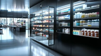 A modern, open pharmacy cabinet in a sleek metal design, fully stocked with various medicines and health products, creating a sense of professionalism and efficiency.