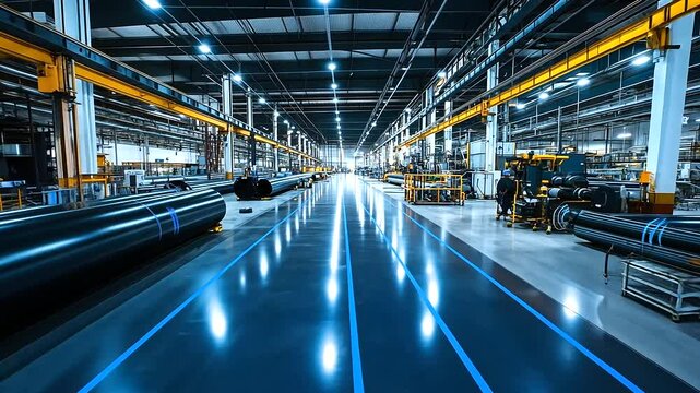 A panoramic view of a sprawling PE pipe production facility with giant rolls of HDPE pipes marked with blue lines, showcasing the sheer scale and industrial focus on gas and water