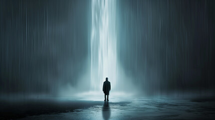 Obraz premium Silhouette of a person standing in front of a cascading waterfall at night