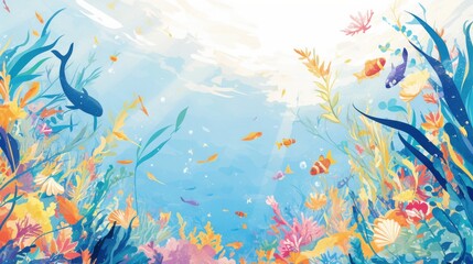 A vibrant underwater scene illustrating colorful fish and marine plants in a bright, serene ocean environment.