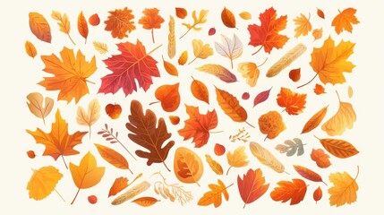 Obraz premium A vibrant collection of autumn leaves in various shapes and colors, showcasing the beauty of fall foliage.