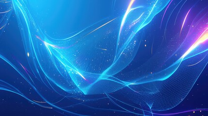 Obraz premium A mesmerizing abstract blue background featuring flowing neon lines and sparkling particles, creating a serene atmosphere.