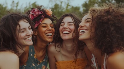 Fototapeta premium Genuine Laughter: Diverse group of friends laughing together at picnic, capturing joy of friendship