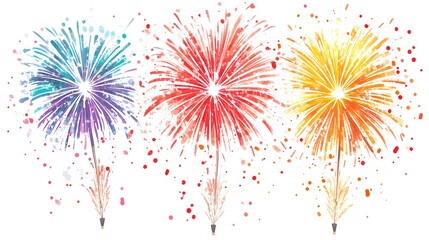 Watercolor Illustration of Three Colorful Fireworks Exploding