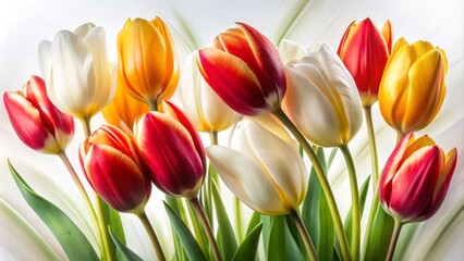 Fototapeta premium Stunning Long Exposure of Isolated Red, Yellow, and White Tulips on a Pure White Background for Floral Art, Home Decor, and Nature Photography Lovers