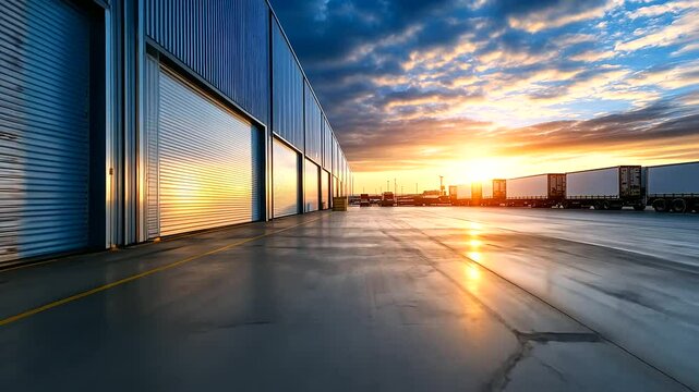 A vast modern warehouse with a pristine roller shutter door in the foreground, reflecting the warm sunlight as heavy-duty trucks wait for loading and unloading on the concrete lot.